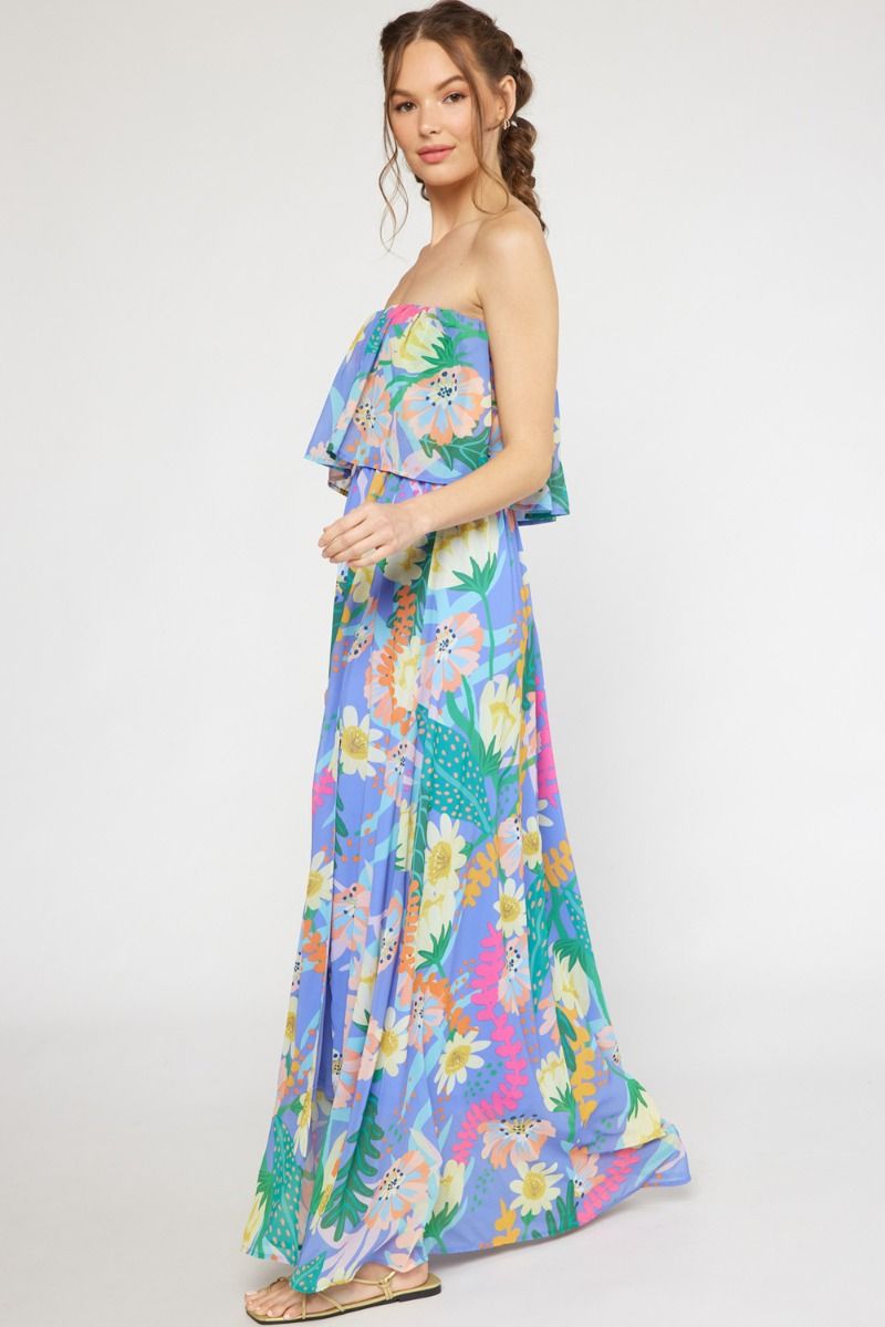 Tropical Blue Floral Strapless Dress with Slit