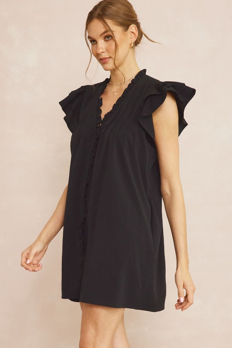 Stunning V-Neck Mini Dress with Ruffle Overlay - A Solid Must-Have - Black
