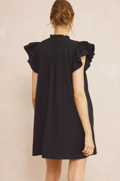 Stunning V-Neck Mini Dress with Ruffle Overlay - A Solid Must-Have - Black