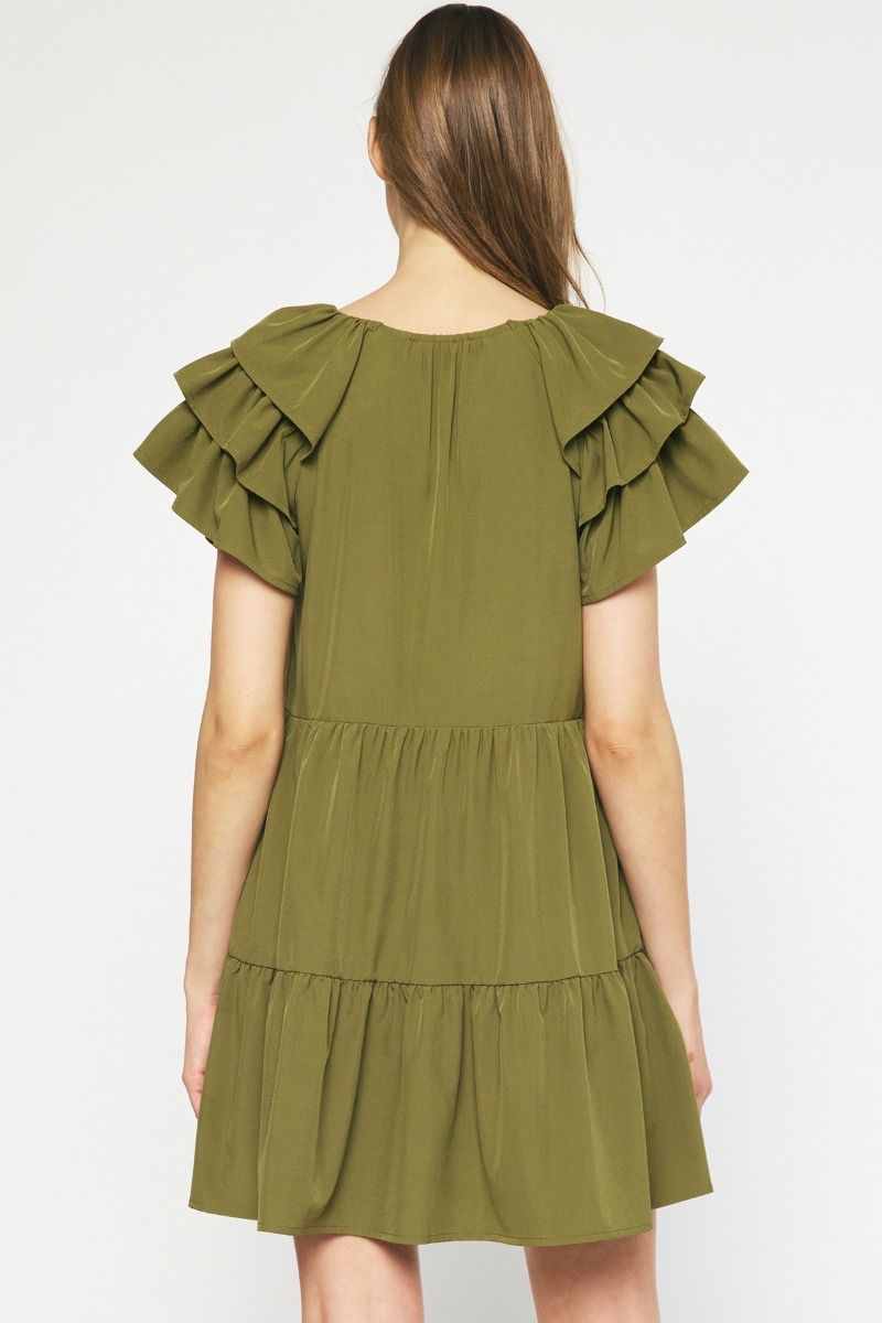 Stylish Olive Fall Dress with Baby Doll Silhouette and Short Layered Sleeves