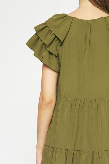 Stylish Olive Fall Dress with Baby Doll Silhouette and Short Layered Sleeves