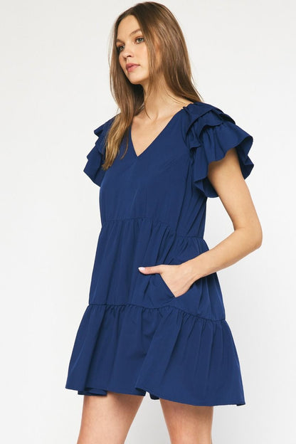 Stylish Navy Blue Fall Dress with Baby Doll Silhouette and Short Layered Sleeves
