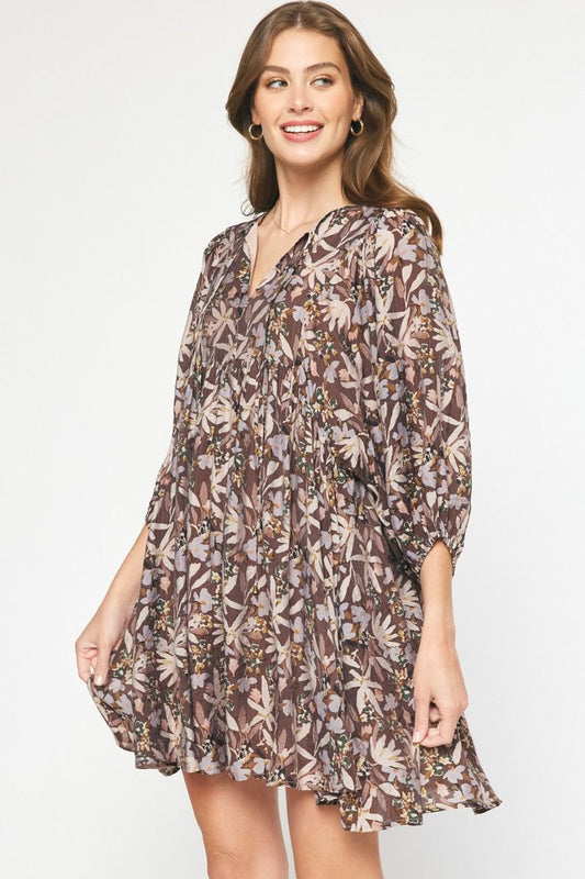 Elevate Your Style with a Gorgeous Floral Print Half Sleeve Mini Dress - Chocolate
