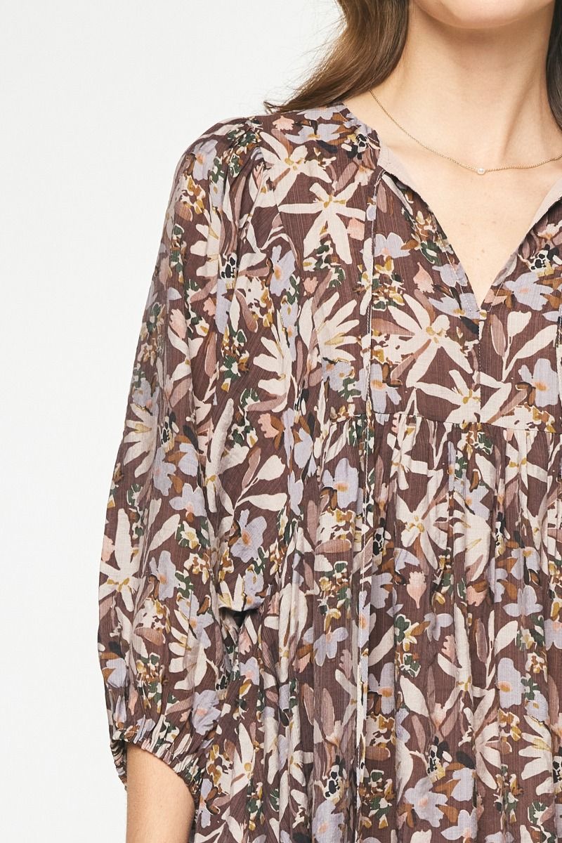 Elevate Your Style with a Gorgeous Floral Print Half Sleeve Mini Dress - Chocolate