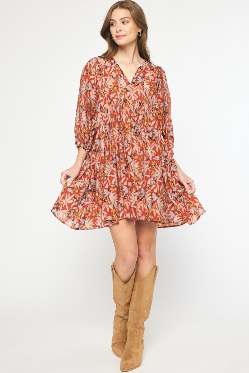 Elevate Your Style with a Gorgeous Floral Print Half Sleeve Mini Dress - Rust