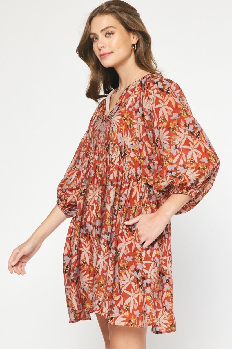 Elevate Your Style with a Gorgeous Floral Print Half Sleeve Mini Dress - Rust