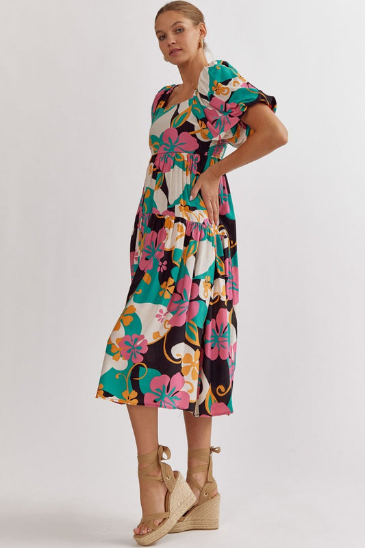 Teal, Pink and Black Floral Dress with Bubble Sleeves