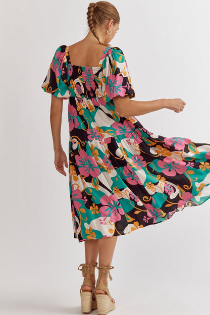 Teal, Pink and Black Floral Dress with Bubble Sleeves