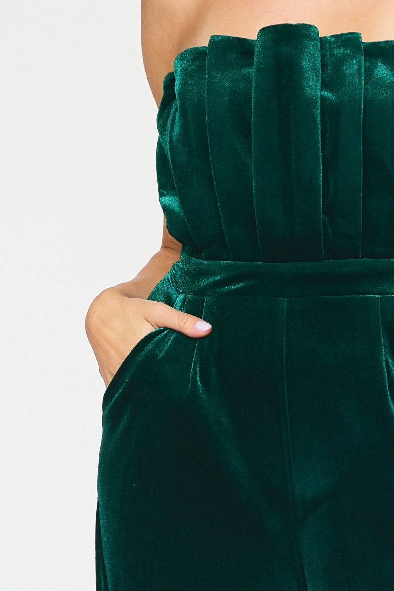 Turn Heads with our Emerald Velvet Sleeveless Pant Romper - Stylish, Elegant, and Versatile!