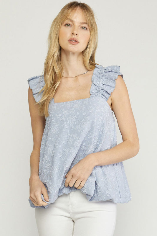 Floral Blue Bubble Tank with Ruffle Sleeves