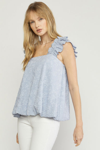 Floral Blue Bubble Tank with Ruffle Sleeves
