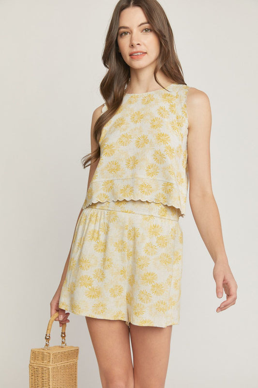 Yellow Floral Set with Scallop Tank and High Waisted Shorts
