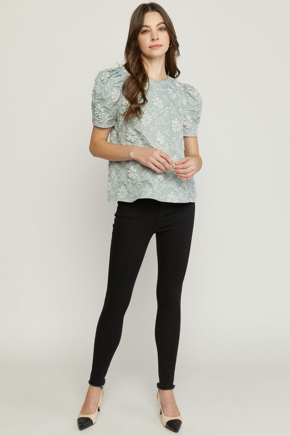 Sage Floral Blouse with Ruching Bubble Sleeve