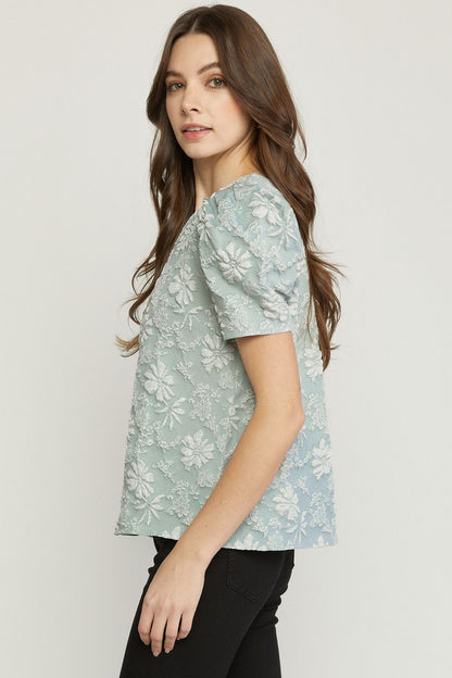 Sage Floral Blouse with Ruching Bubble Sleeve
