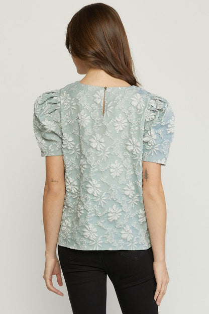 Sage Floral Blouse with Ruching Bubble Sleeve