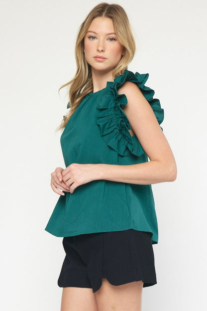 Stylish and Flattering: Solid Sleeveless Ruffled Top for Every Occasion - Hunter Green