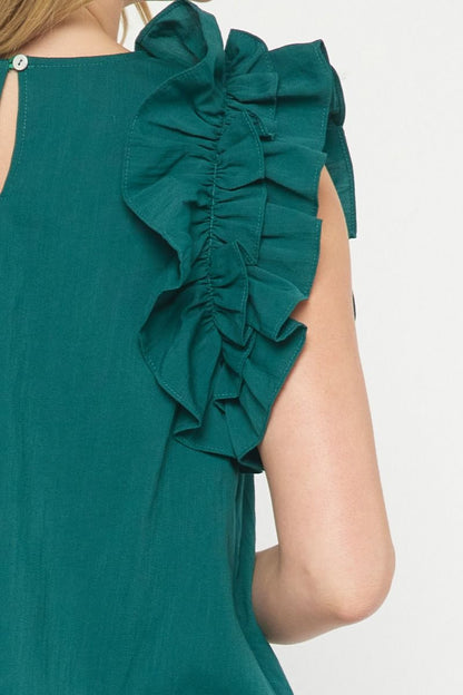Stylish and Flattering: Solid Sleeveless Ruffled Top for Every Occasion - Hunter Green