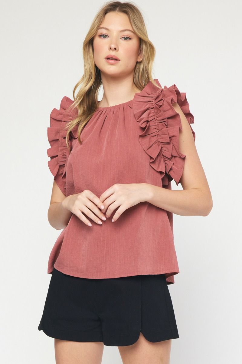 Stylish and Flattering: Solid Sleeveless Ruffled Top for Every Occasion - Salmon