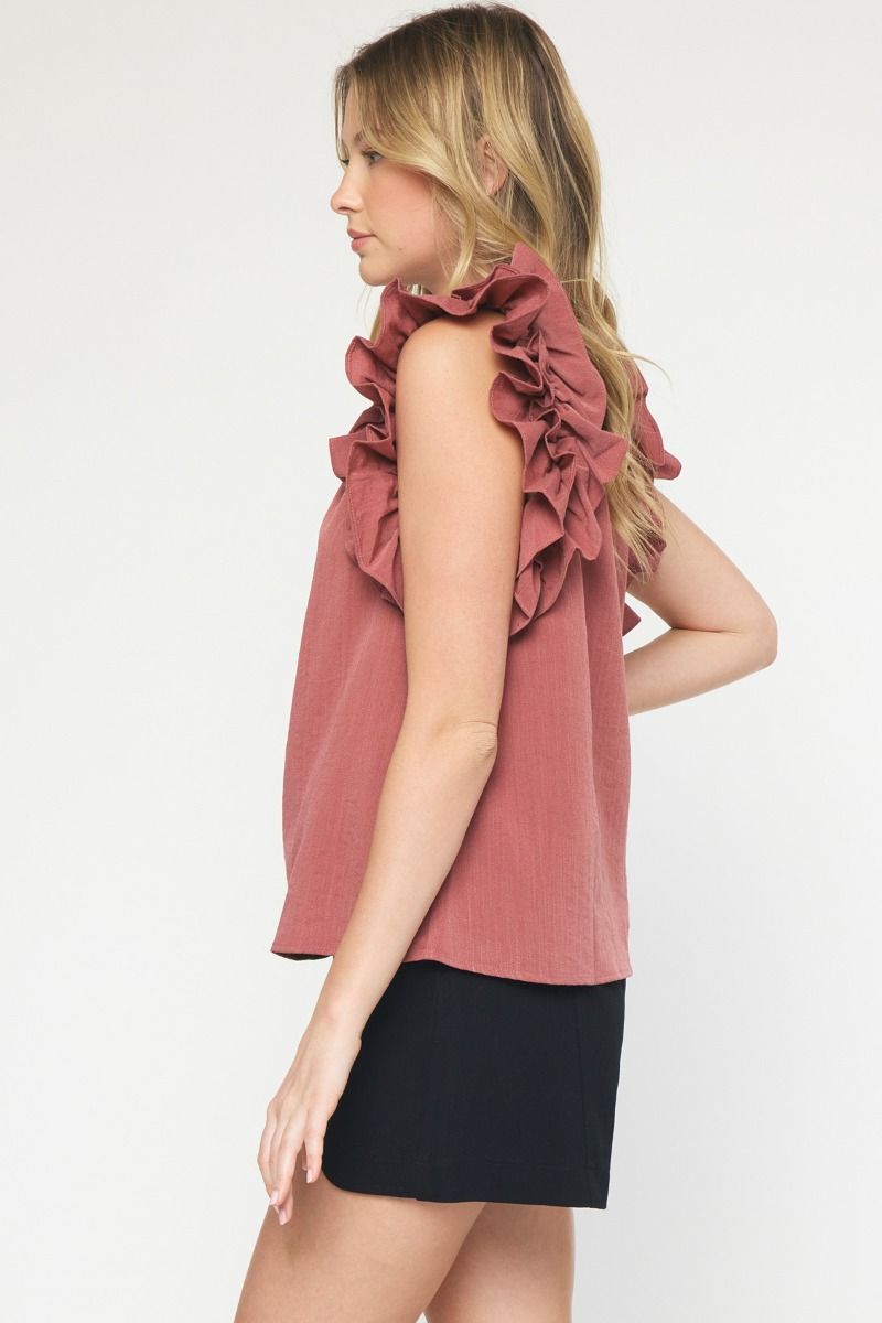 Stylish and Flattering: Solid Sleeveless Ruffled Top for Every Occasion - Salmon